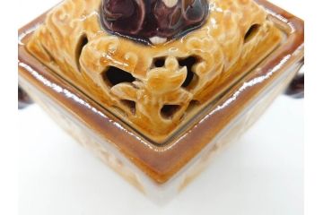 九谷焼　徳田八十吉　瑞稲釉(瑞穂?)　菱形　四天王図　龍双耳　観音摘　意匠を凝らしたつくりが見事な香炉(共箱付き)(R-070782)