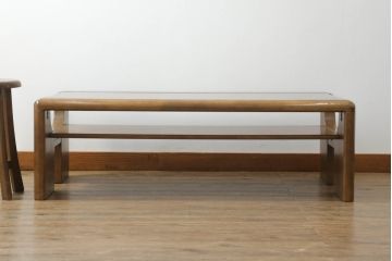 和製ビンテージ　maruni(マルニ木工)　ガラストップがお洒落なセンターテーブル(ローテーブル、リビングテーブル、カフェテーブル、座卓、ヴィンテージ)(R-070805)