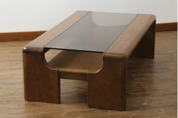 和製ビンテージ　maruni(マルニ木工)　ガラストップがお洒落なセンターテーブル(ローテーブル、リビングテーブル、カフェテーブル、座卓、ヴィンテージ)(R-070805)