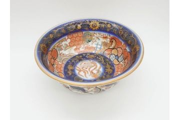 明治期　上手物　伊万里　金彩　色絵　鳳凰　龍　花鳥文　約28cm　9.2寸　鮮やかな色彩が素敵な大鉢(深鉢、和皿、和食器、共箱付き、九寸二分)(R-070849)