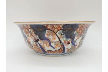 明治期　上手物　伊万里　金彩　色絵　鳳凰　龍　花鳥文　約28cm　9.2寸　鮮やかな色彩が素敵な大鉢(深鉢、和皿、和食器、共箱付き、九寸二分)(R-070849)