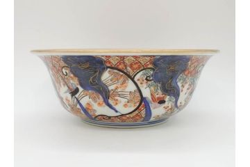 明治期　上手物　伊万里　金彩　色絵　鳳凰　龍　花鳥文　約28cm　9.2寸　鮮やかな色彩が素敵な大鉢(深鉢、和皿、和食器、共箱付き、九寸二分)(R-070849)