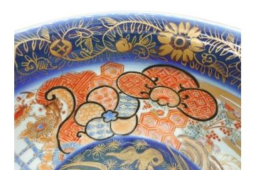 明治期　上手物　伊万里　金彩　色絵　鳳凰　龍　花鳥文　約28cm　9.2寸　鮮やかな色彩が素敵な大鉢(深鉢、和皿、和食器、共箱付き、九寸二分)(R-070849)