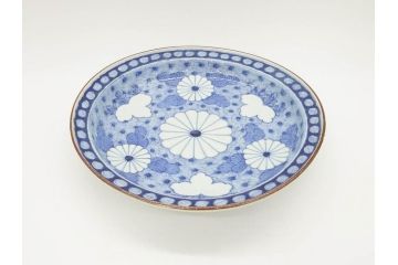 江戸期　古伊万里　角福　染付　菊桐地紋　約27cm　8.9寸　食卓を爽やかに彩る大皿(深皿、和皿、和食器、八寸九分)(R-070850)