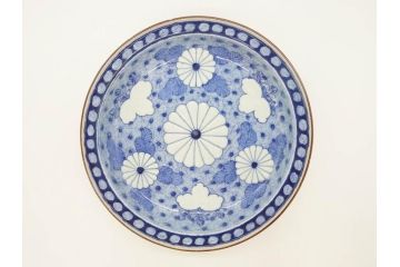 江戸期　古伊万里　角福　染付　菊桐地紋　約27cm　8.9寸　食卓を爽やかに彩る大皿(深皿、和皿、和食器、八寸九分)(R-070850)