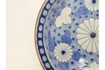 江戸期　古伊万里　角福　染付　菊桐地紋　約27cm　8.9寸　食卓を爽やかに彩る大皿(深皿、和皿、和食器、八寸九分)(R-070850)