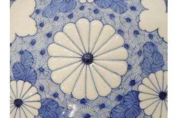 江戸期　古伊万里　角福　染付　菊桐地紋　約27cm　8.9寸　食卓を爽やかに彩る大皿(深皿、和皿、和食器、八寸九分)(R-070850)