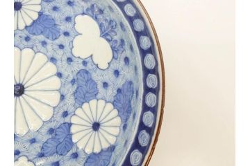 江戸期　古伊万里　角福　染付　菊桐地紋　約27cm　8.9寸　食卓を爽やかに彩る大皿(深皿、和皿、和食器、八寸九分)(R-070850)