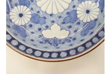 江戸期　古伊万里　角福　染付　菊桐地紋　約27cm　8.9寸　食卓を爽やかに彩る大皿(深皿、和皿、和食器、八寸九分)(R-070850)