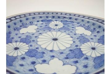 江戸期　古伊万里　角福　染付　菊桐地紋　約27cm　8.9寸　食卓を爽やかに彩る大皿(深皿、和皿、和食器、八寸九分)(R-070850)
