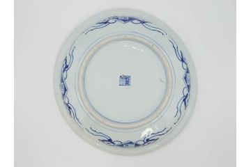 江戸期　古伊万里　角福　染付　菊桐地紋　約27cm　8.9寸　食卓を爽やかに彩る大皿(深皿、和皿、和食器、八寸九分)(R-070850)