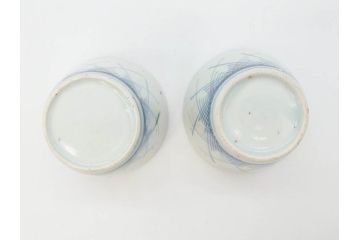 江戸期　古伊万里　染付　交叉草文(檜垣草)　シンプルなデザインと和の雰囲気が魅力的なそば猪口2客セット(蕎麦猪口、湯呑、湯のみ、ぐい呑み、和食器)(R-070852)