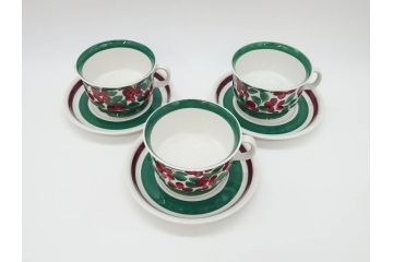 ARABIA FINLAND　希少シリーズ　Purpuri Jenkka(プルプリ イェンカ)　Ulla Procope(ウラ・プロコッペ)　可愛らしいデザインで華やかな雰囲気溢れるカップ&ソーサー3客セット(アラビア、フィンランド、北欧食器、C&S)(R-070856)