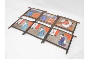 時代物　1枚1枚丁寧に描かれたどこか懐かしい雰囲気の絵馬6枚セット(木製、木板、肉筆、手描き、天狗、烏天狗、神社、人物、拝み絵馬)(R-070862)