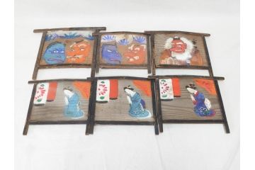 時代物　1枚1枚丁寧に描かれたどこか懐かしい雰囲気の絵馬6枚セット(木製、木板、肉筆、手描き、天狗、烏天狗、神社、人物、拝み絵馬)(R-070862)