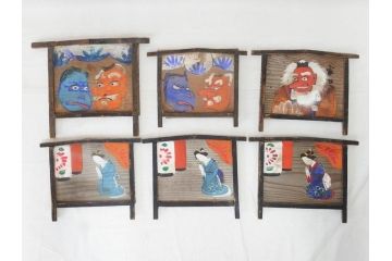 時代物　1枚1枚丁寧に描かれたどこか懐かしい雰囲気の絵馬6枚セット(木製、木板、肉筆、手描き、天狗、烏天狗、神社、人物、拝み絵馬)(R-070862)
