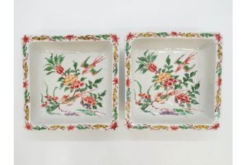 川瀬竹志　古余呂技　赤絵　花鳥　約18cm　5.9寸　大胆に描かれた色絵が印象的で華やかな雰囲気の四方鉢5客セット(和食器、皿、深皿、共箱付き、五寸九分)(R-070869)