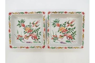 川瀬竹志　古余呂技　赤絵　花鳥　約18cm　5.9寸　大胆に描かれた色絵が印象的で華やかな雰囲気の四方鉢5客セット(和食器、皿、深皿、共箱付き、五寸九分)(R-070869)