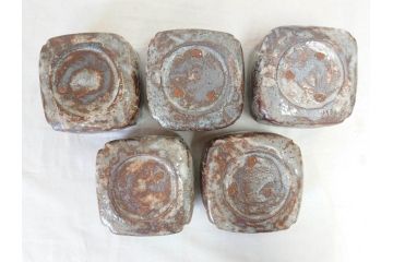 時代物　鼠志野(鼠志埜)　絵柄と色合いが落ち着いた和の雰囲気を醸し出す入隅四方向付5客セット(尾州門戸家伝来、美濃焼、和食器、共箱付き)(R-070870)