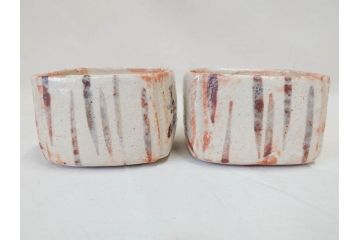 時代物　絵志野(絵志埜)　金継ぎ　優しい色合いが親しみを感じる入隅四方向付5客セット(尾州門戸家伝来、美濃焼、和食器、共箱付き)(R-070871)