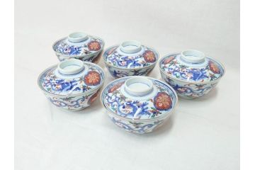 明治期　九谷焼　色絵　龍文　約11cm　3.6寸　食卓を鮮やかに演出する蓋付き茶碗5客セット(三寸六分、和食器)(R-070873)