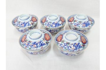 明治期　九谷焼　色絵　龍文　約11cm　3.6寸　食卓を鮮やかに演出する蓋付き茶碗5客セット(三寸六分、和食器)(R-070873)