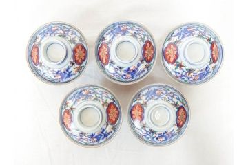 明治期　九谷焼　色絵　龍文　約11cm　3.6寸　食卓を鮮やかに演出する蓋付き茶碗5客セット(三寸六分、和食器)(R-070873)