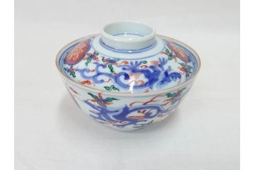 明治期　九谷焼　色絵　龍文　約11cm　3.6寸　食卓を鮮やかに演出する蓋付き茶碗5客セット(三寸六分、和食器)(R-070873)