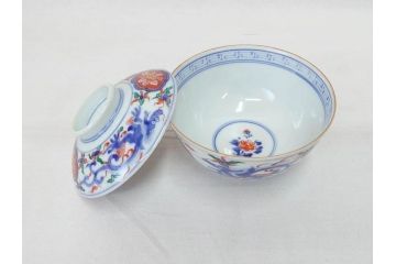 明治期　九谷焼　色絵　龍文　約11cm　3.6寸　食卓を鮮やかに演出する蓋付き茶碗5客セット(三寸六分、和食器)(R-070873)
