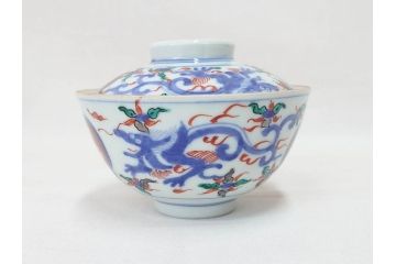 明治期　九谷焼　色絵　龍文　約11cm　3.6寸　食卓を鮮やかに演出する蓋付き茶碗5客セット(三寸六分、和食器)(R-070873)