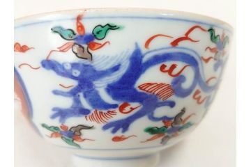 明治期　九谷焼　色絵　龍文　約11cm　3.6寸　食卓を鮮やかに演出する蓋付き茶碗5客セット(三寸六分、和食器)(R-070873)