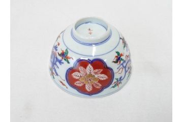 明治期　九谷焼　色絵　龍文　約11cm　3.6寸　食卓を鮮やかに演出する蓋付き茶碗5客セット(三寸六分、和食器)(R-070873)