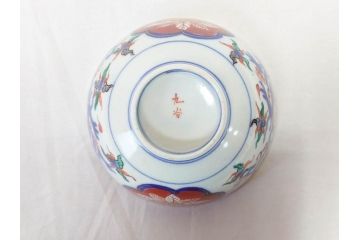 明治期　九谷焼　色絵　龍文　約11cm　3.6寸　食卓を鮮やかに演出する蓋付き茶碗5客セット(三寸六分、和食器)(R-070873)