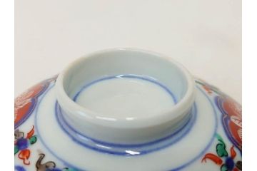 明治期　九谷焼　色絵　龍文　約11cm　3.6寸　食卓を鮮やかに演出する蓋付き茶碗5客セット(三寸六分、和食器)(R-070873)