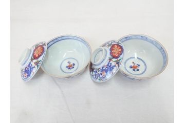 明治期　九谷焼　色絵　龍文　約11cm　3.6寸　食卓を鮮やかに演出する蓋付き茶碗5客セット(三寸六分、和食器)(R-070873)