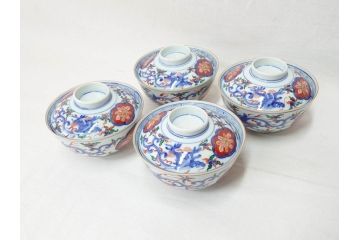 明治期　九谷焼　色絵　龍文　約11cm　3.6寸　食卓を鮮やかに演出する蓋付き茶碗4客セット(三寸六分、和食器)(R-070874)
