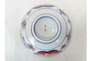 明治期　九谷焼　色絵　龍文　約11cm　3.6寸　食卓を鮮やかに演出する蓋付き茶碗4客セット(三寸六分、和食器)(R-070874)