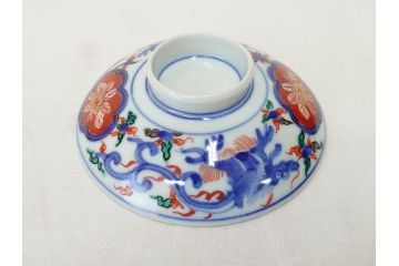 明治期　九谷焼　色絵　龍文　約11cm　3.6寸　食卓を鮮やかに演出する蓋付き茶碗4客セット(三寸六分、和食器)(R-070874)
