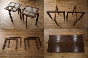 中古　高級品!!　岩手県認定伝統工芸品　南部箪笥　重厚感のある佇まいでお部屋の主役におすすめ!!　欅(ケヤキ)材の大きな囲炉裏テーブルとサイドテーブルのセット(木製火鉢、ダイニングテーブル、食卓、4人掛け、6人掛け、エンドテーブル)(定価約150万円)(R-070915)
