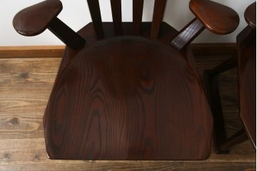 中古　高級品!!　岩手県認定伝統工芸品　南部箪笥　欅(ケヤキ)材　美術品のような佇まいが目を惹くスピンチェア2脚セット(回転椅子、板座チェア、アームチェア、ダイニングチェア、椅子、イス)(定価1脚約12万円)(R-070916)