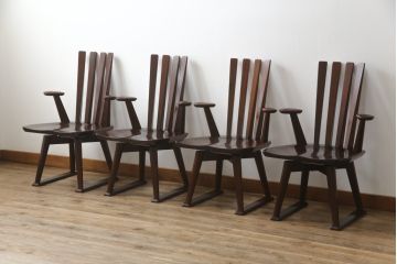 中古　高級品!!　岩手県認定伝統工芸品　南部箪笥　欅(ケヤキ)材　美術品のような佇まいが目を惹くスピンチェア4脚セット(回転椅子、板座チェア、アームチェア、ダイニングチェア、椅子、イス)(定価1脚約12万円)(R-070917)