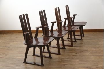 中古　高級品!!　岩手県認定伝統工芸品　南部箪笥　欅(ケヤキ)材　美術品のような佇まいが目を惹くスピンチェア4脚セット(回転椅子、板座チェア、アームチェア、ダイニングチェア、椅子、イス)(定価1脚約12万円)(R-070917)