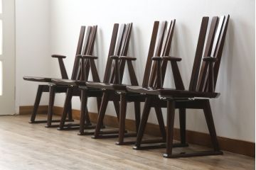 中古　高級品!!　岩手県認定伝統工芸品　南部箪笥　欅(ケヤキ)材　美術品のような佇まいが目を惹くスピンチェア4脚セット(回転椅子、板座チェア、アームチェア、ダイニングチェア、椅子、イス)(定価1脚約12万円)(R-070917)