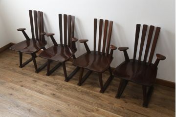 中古　高級品!!　岩手県認定伝統工芸品　南部箪笥　欅(ケヤキ)材　美術品のような佇まいが目を惹くスピンチェア4脚セット(回転椅子、板座チェア、アームチェア、ダイニングチェア、椅子、イス)(定価1脚約12万円)(R-070917)