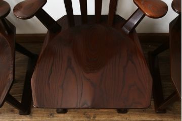 中古　高級品!!　岩手県認定伝統工芸品　南部箪笥　欅(ケヤキ)材　美術品のような佇まいが目を惹くスピンチェア4脚セット(回転椅子、板座チェア、アームチェア、ダイニングチェア、椅子、イス)(定価1脚約12万円)(R-070917)