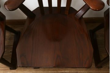 中古　高級品!!　岩手県認定伝統工芸品　南部箪笥　欅(ケヤキ)材　美術品のような佇まいが目を惹くスピンチェア4脚セット(回転椅子、板座チェア、アームチェア、ダイニングチェア、椅子、イス)(定価1脚約12万円)(R-070917)
