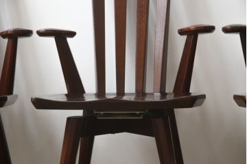 中古　高級品!!　岩手県認定伝統工芸品　南部箪笥　欅(ケヤキ)材　美術品のような佇まいが目を惹くスピンチェア4脚セット(回転椅子、板座チェア、アームチェア、ダイニングチェア、椅子、イス)(定価1脚約12万円)(R-070917)
