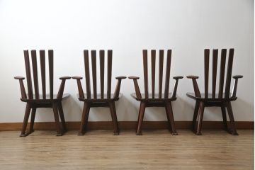 中古　高級品!!　岩手県認定伝統工芸品　南部箪笥　欅(ケヤキ)材　美術品のような佇まいが目を惹くスピンチェア4脚セット(回転椅子、板座チェア、アームチェア、ダイニングチェア、椅子、イス)(定価1脚約12万円)(R-070917)