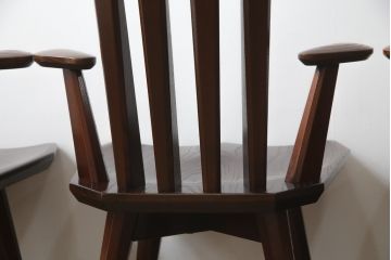 中古　高級品!!　岩手県認定伝統工芸品　南部箪笥　欅(ケヤキ)材　美術品のような佇まいが目を惹くスピンチェア4脚セット(回転椅子、板座チェア、アームチェア、ダイニングチェア、椅子、イス)(定価1脚約12万円)(R-070917)