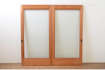 ビンテージ建具　シンプルなデザインが取り入れやすい上質な大判ガラス戸2枚セット(引き戸、ヴィンテージ)(R-070933)